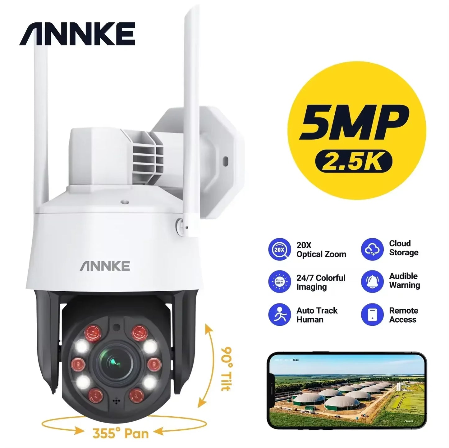 Annke 5MP PTZ Wifi IP Camera H.265 Outdoor AI Human Auto Tracking 20X Zoom IP Camera Two Way Audio  Security Protection