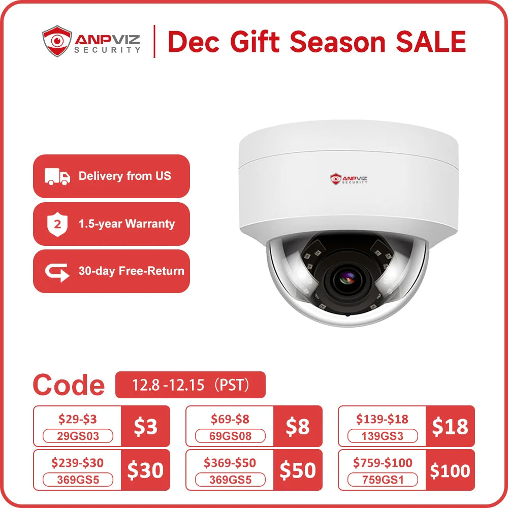 Anpviz 5MP IP Camera Outdoor POE Dome Security Protection Built-in Microphone IP66 IR 30m CCTV Video Camera H.265 VideoLink APP